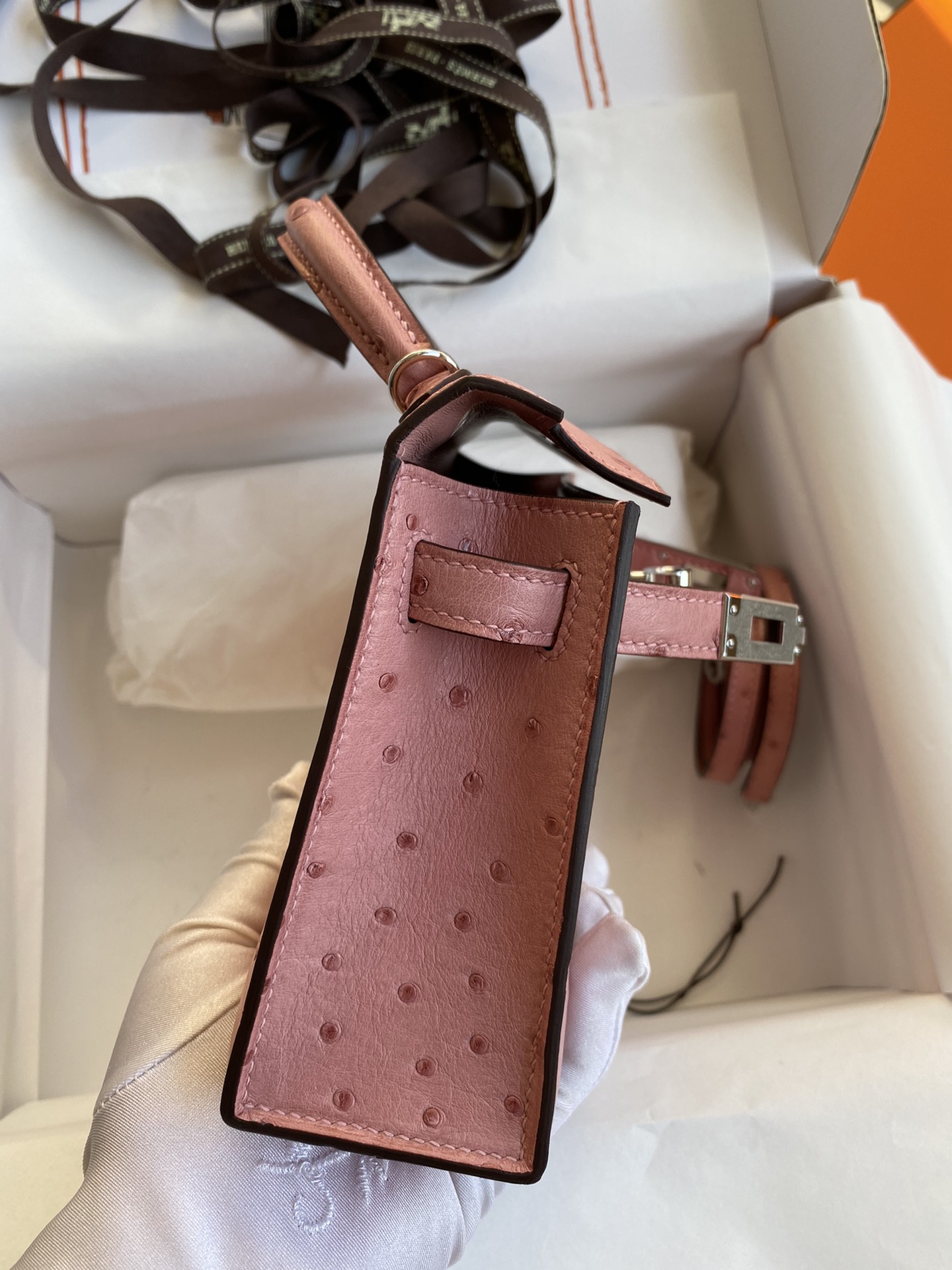 Hermes Kelly Mini II Bag 19CM In Light Pink Ostrich Leather